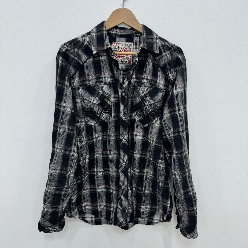 Affliction Mens Medium Athletic White Grey Long Sleeve Snap Button Shirt